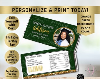 Congratulations Grad Candy Bar Wrapper, Gold Glitter and ANY Color, Chocolate Wrappers, Class of 2026, Party Favors, Candy Label, Grad, G11