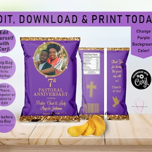 Pastoral Anniversary Gold and ANY COLOR EDITABLE Chip Bag, Pastor, First Lady, Church, Chip Bag, Favor, Chip Label Wrapper, Printable, CC2