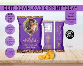 Pastoral Anniversary Gold and ANY COLOR EDITABLE Chip Bag, Pastor, First Lady, Church, Chip Bag, Favor, Chip Label Wrapper, Printable, CC2