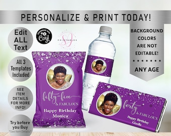ANY AGE Royal Purple and Silver Confetti Birthday BUNDLE, Hershey Candy Wrapper, Chip Bag Wrapper, Water Bottle Label, party favors, B51