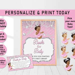 Glitter & Pearls Pink Books for baby, books request, Books for baby card, Pink, Silver, African American, Insert Card, Printable, A10, A11
