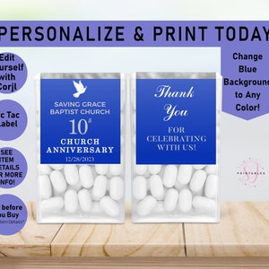 Church Anniversary Silver Tic Tac Label Template, Church Event, Religious, EDITABLE  Tic Tac Favor Stickers, tic tac label, candy, CC6