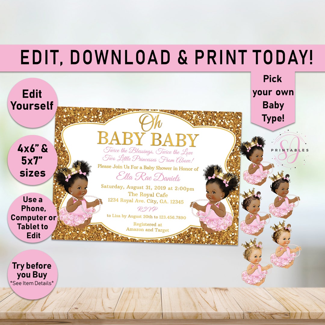 TWIN Oh Baby Pink Princess Baby Shower Invitation, Little Princess Invite,  Little Queen Invite, Gold Pink, Afro, Girls,twins,printable, A01t - Etsy, image size:1080x1080