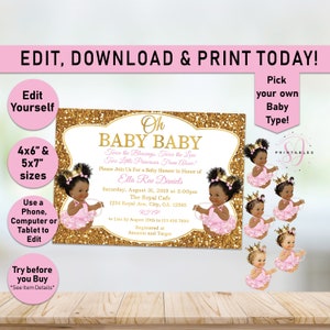 TWIN Oh Baby Pink Princess Baby Shower Invitation, Little Princess Invite, Little Queen Invite, Gold Pink, Afro, Girls,Twins,Printable, A01t