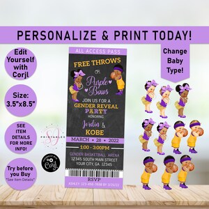 Basketball Gender Reveal invitation, Free Throws or Purple bows gender reveal party ticket, he or she, Gold, Lakers, Baby, Afro Puffs, R06