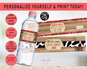Cowboy Cowgirl EDITABLE Baby Shower Water Bottle Labels, Cowboy Water wrappers, Country Western, Boy, Girl baby shower, Water Labels, X01