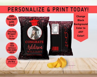 RED Glitter and ANY other Color Graduation Editable Chip Bag, Chip Bag Wrapper, Graduate Chip Wrapper, Red, Printable, 2026, class of, G67