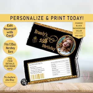 Birthday Gold Glitter and ANY COLOR Hershey Candy Bar Wrappers, Chocolate Candy label, Party Favor, Adult Birthday Candy wrapper, B26