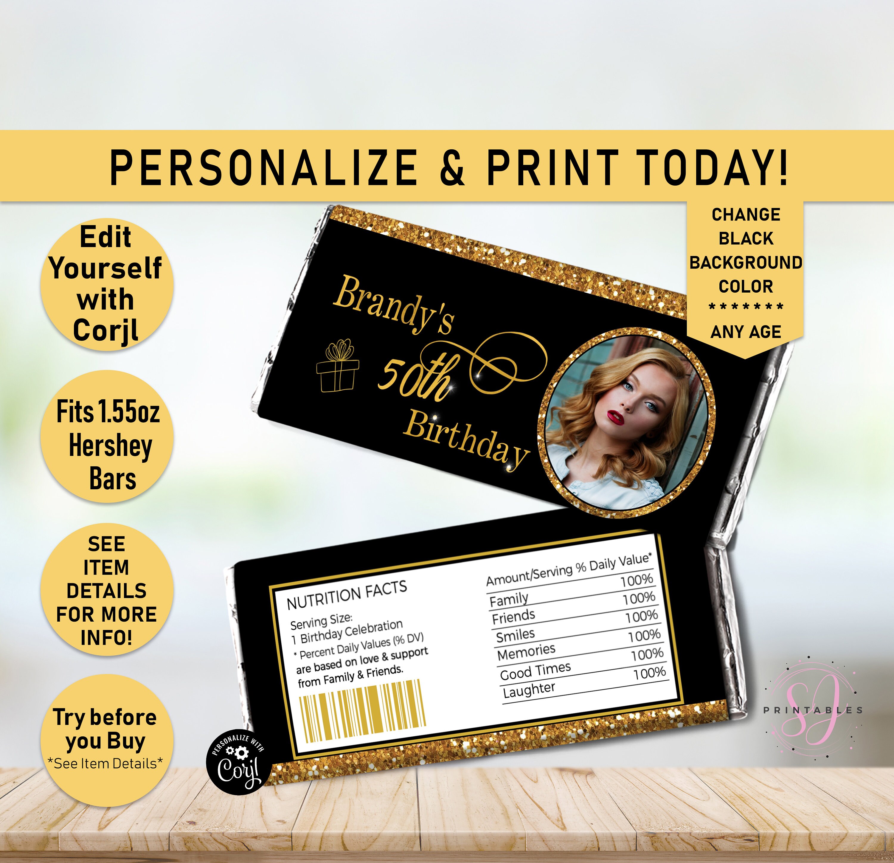 Birthday Gold Glitter and ANY COLOR Hershey Candy Bar Wrappers, Chocolate Candy label, Party Favor, Adult Birthday Candy wrapper, B26