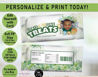 Wild ONE Birthday EDITABLE Rice Krispie Treats, Wild One birthday Rice Krispies labels, ANY Age, Safari Birthday, Safari Treats, Jungle, W05