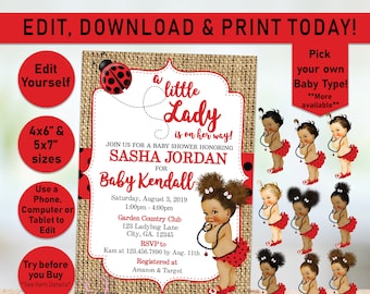 Ladybug Baby Shower Invitation, Girl Baby Shower, Lady bug Shower Invitation, Little Lady Baby Shower Invitation, Red, Burlap, Editable, K01