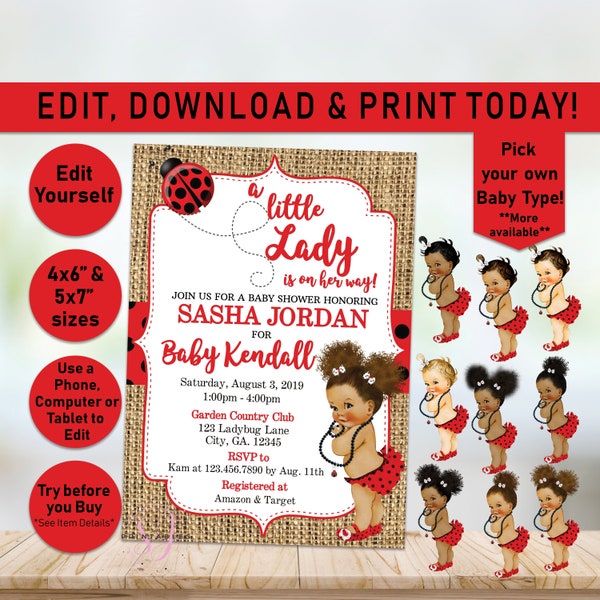 Ladybug Baby Shower Invitation, Girl Baby Shower, Lady bug Shower Invitation, Little Lady Baby Shower Invitation, Red, Burlap, Editable, K01