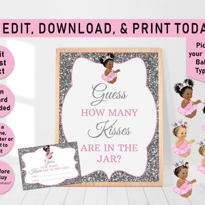 Pink & Silver Princess Guess How Many Sign And Cards, Guess How Many Game, Baby Shower Guess How Many, Candy, baby shower games, Puffs, A03