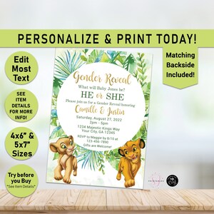 May include: A gender reveal invitation with a jungle theme. The invitation features a watercolor background with green leaves and a circle with the text "Gender Reveal" in gold lettering. The text "HE or SHE" is also in gold lettering. The invitation also features a cartoon image of Simba and Nala from The Lion King.