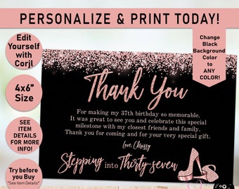 Stepping into ANY AGE Rose Gold Thank You Card, Rose Gold, Adult Birthday Thank you card, Birthday party, Rose Gold Glitter, High Heels, y04