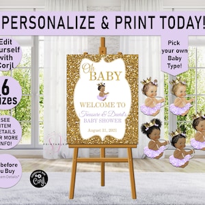 Lavender Princess WELCOME Sign, Oh Baby Shower Sign, Little Princess sign, sign, Gold, Purple, afro puffs, Girl, Printable Welcome Sign A02
