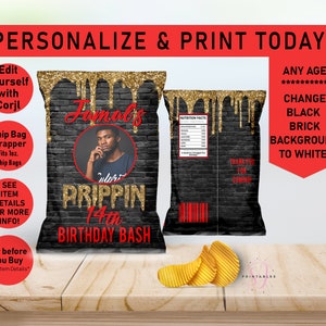 Dripping Gold and Brick Teen Birthday Chip Bag Wrapper, ANY AGE, Favor Bags, dripping Birthday, teenager boy, guy, Photo Chip Bag, Teen, T25