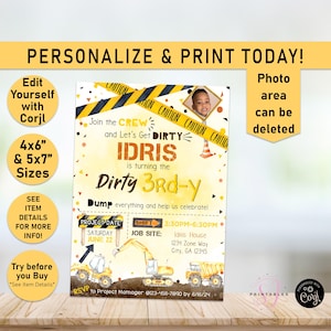Dirty 3rd-y construction birthday invite, Dirty 3rdy birthday invitation, construction party Invitation, 3rd birthday ideas, Building, D05