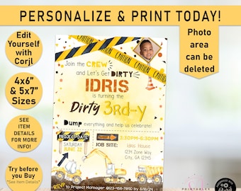 Dirty 3rd-y construction birthday invite, Dirty 3rdy birthday invitation, construction party Invitation, 3rd birthday ideas, Building, D05