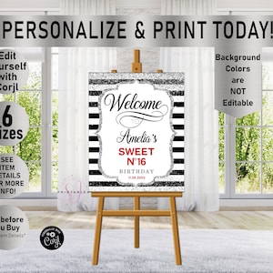Designer Birthday Party Welcome Sign, ANY AGE, Teen, Sweet 16 Sign, white, black, silver, red,Welcome Poster, Girl Birthday sign, tween, C22