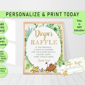 Lion King Baby Shower Editable DIAPER RAFFLE Sign and Ticket, Lion King Game, Baby Shower Game, Simba, games, Insert Card, Printable, L01