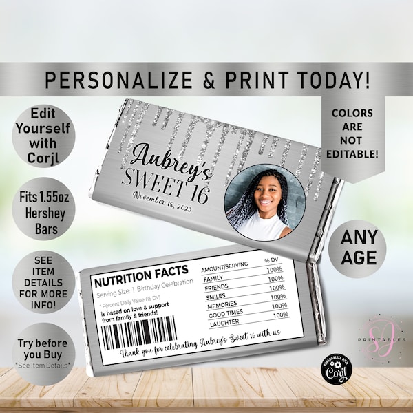 Silver on silver Drip Birthday Hershey Candy Bar Wrapper, Any AGE Candy Bar label, Party Favor, Sweet 16, teen, party favor, printable, T14