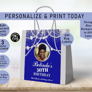 Glitter and Pearls ANY AGE Birthday Gift Bag Label, Gift Bag Labels, Silver Glitter, Gift Bag labels, Favor Bag label, Goodie bags, Glam,A35