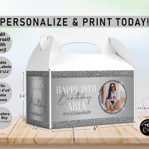 Silver Birthday Birthday gable gift box labels, Silver Glitter ANY AGE Gift box labels, Snack Box, Birthday party, Silver favor box, B36