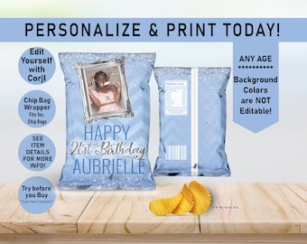 Shimmery Silver Glitter and Light Blue Birthday Chip Bag Wrapper, ANY AGE, Favor Bags, Birthday, Photo Chip, Teen, Chevron, Printable, Y23