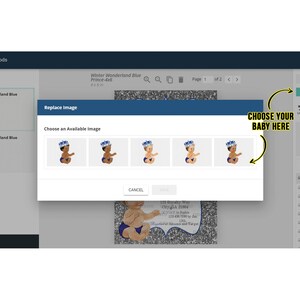 May include: A screen capture of a website showing a digital design template for a baby shower invitation. The template features a blue and silver color scheme with a crown and a baby boy. The user can choose from a variety of baby images to personalize the invitation.