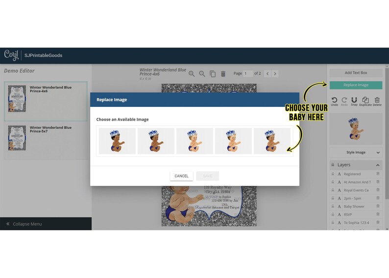 May include: A screen capture of a website showing a digital design template for a baby shower invitation. The template features a blue and silver color scheme with a crown and a baby boy. The user can choose from a variety of baby images to personalize the invitation.