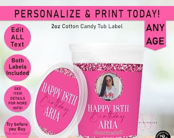 Pink on Pink Glitter candy tub label, Cotton candy plastic container, Favor Labels, Birthday cotton candy, any age, teen, tween, glam, B30