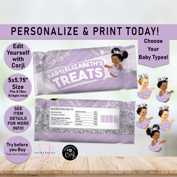 Glitter & Pearls Lavender Baby Shower Rice Krispie Treat Wrapper, Rice Krispies, Girl, Rice Krispy, Favors, Princess, Editable, A08, A09