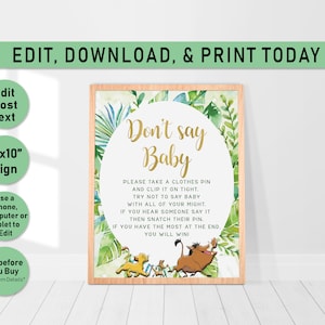 May include: Printable 8x10 inch sign with a jungle theme. The sign says "Don't say Baby" and has instructions for a game. The sign features a cartoon image of Simba and Pumbaa from the Lion King.