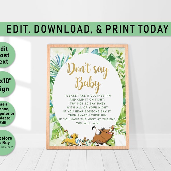 Lion King Don't say baby baby shower game, Editable, Simba, printable baby shower game sign, Lion King, Don't say baby sign, Greenery, L01