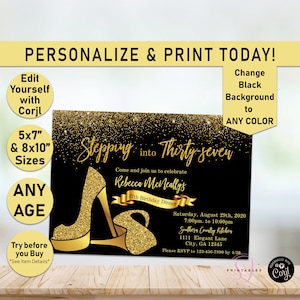 ANY AGE Gold Birthday Invitation, Adult, Gold, Stepping into, Adult Birthday invite, Birthday party, Gold Glitter, Heels, Elegant, Y02