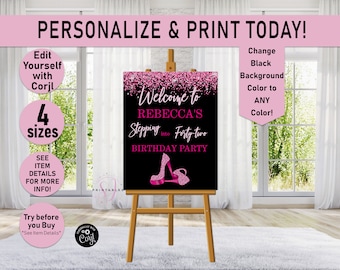 Stepping into ANY AGE Hot Pink Glitter Welcome Birthday Sign, Woman Welcome Birthday Party Sign, Pink Confetti, high heels, Printable, Y06