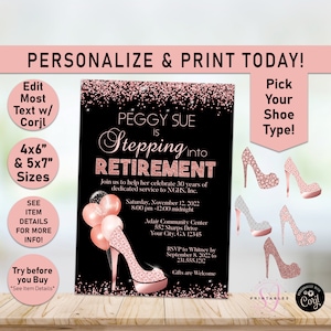 Rose Gold RETIREMENT Party Invitation, Stepping into Retirement, Retirement Party, Retirement Party Invite, Editable, Women, High Heels, R55