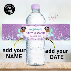May include: Purple and blue water bottle label with a mermaid and the text "Angelina's Baby Shower August 31, 2023".