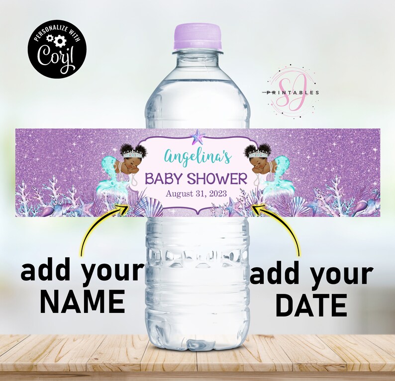 May include: Purple and blue water bottle label with a mermaid and the text "Angelina's Baby Shower August 31, 2023".