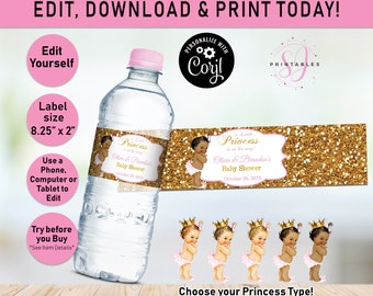 Pink and Gold, Little Princess Water labels, Princess water label, Girl, Cotton Candy, African American Baby Shower, Decor, Editable B01