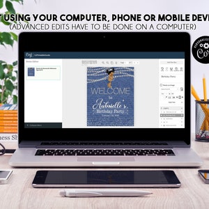 May include: A laptop computer displaying a digital design template for a birthday party invitation. The design features a mermaid with a blue and white background. The text on the invitation reads "Welcome to Aubrielle's Birthday Party".