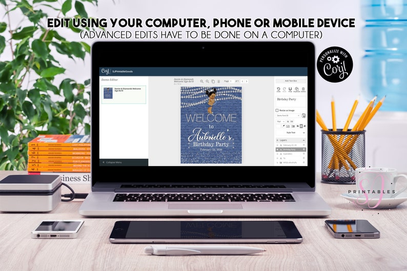 May include: A laptop computer displaying a digital design template for a birthday party invitation. The design features a mermaid with a blue and white background. The text on the invitation reads "Welcome to Aubrielle's Birthday Party".