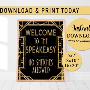 Great Gatsby Decor, SPEAKEASY Sign for Bar, Printable, Instant Download, Bar Sign, Roaring 20s, Art Deco, Wedding, Funny Sign, Gold, B20