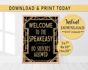 Great Gatsby Decor, SPEAKEASY Sign for Bar, Printable, Instant Download, Bar Sign, Roaring 20s, Art Deco, Wedding, Funny Sign, Gold, B20