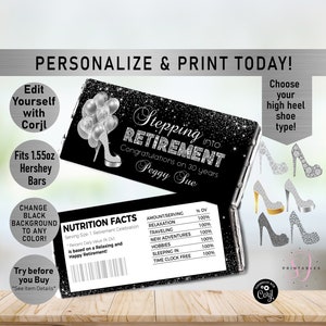 Silver RETIREMENT Party Candy Wrapper, Stepping into Retirement, Silver Glitter Hershey Candy Bar Wrappers, Candy label, Party Favor, R57
