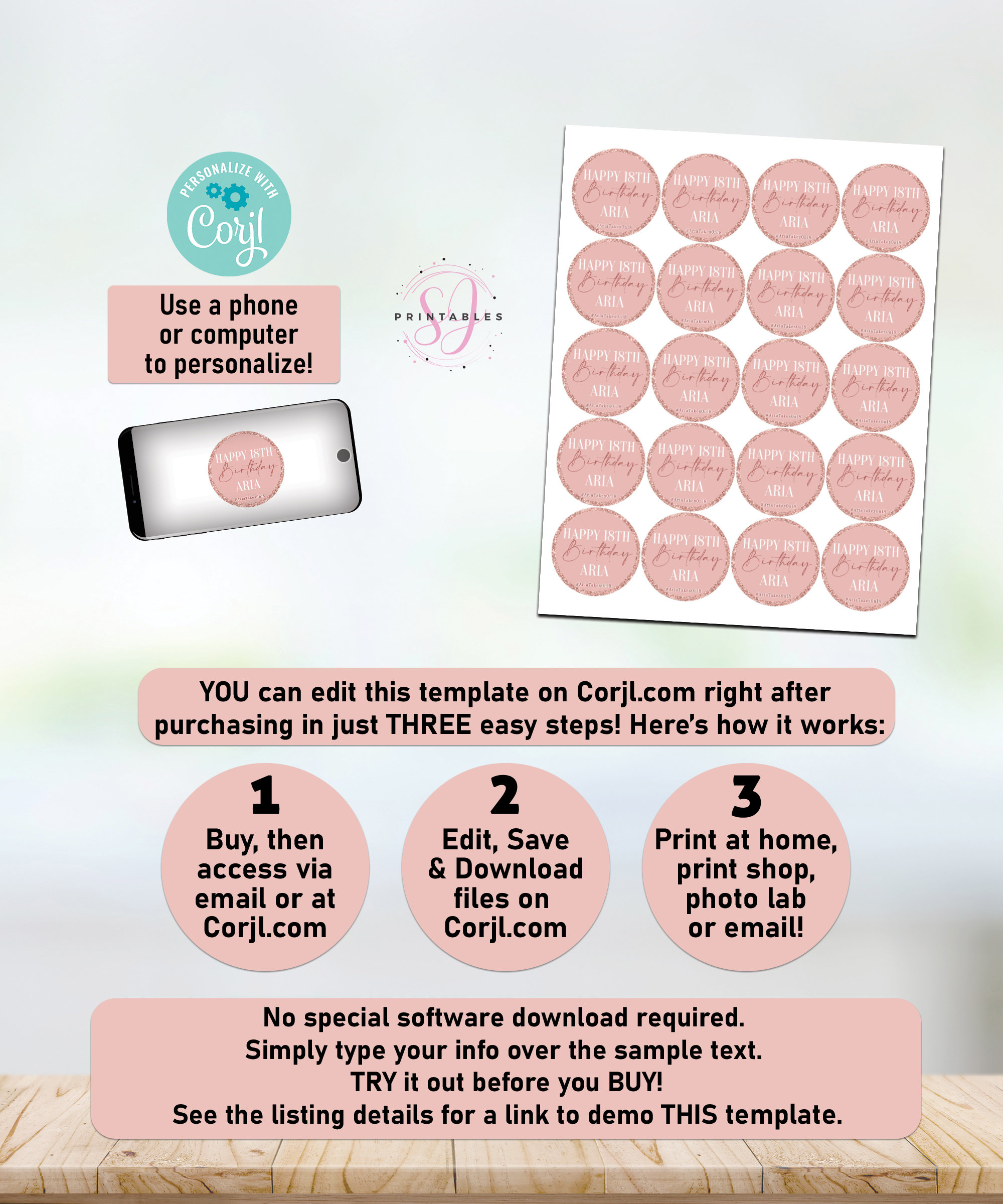 Printable Stickers Rose Gold on Rose Gold Glitter Birthday - Etsy