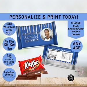 Kit Kat Candy Bar Wrappers, Silver Foil and ANY other color Birthday Kit Kat Bar label, candy Party Favor, Birthday, teen, Printable, T30