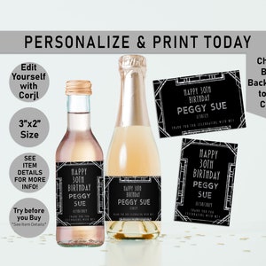 Mini Wine Labels, Great Gatsby, Silver, favors,  Mini Apple Cider Bottle Labels, Roaring 20&#39;s, flapper Bday, Champagne, Birthday, B21