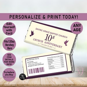 Puede incluir: Un diseño de envoltorio de barra de chocolate imprimible para un aniversario de iglesia. El envoltorio es de color crema con acentos morados y presenta el texto "Saving Grace Baptist Church 10th Church Anniversary November 20, 2021".